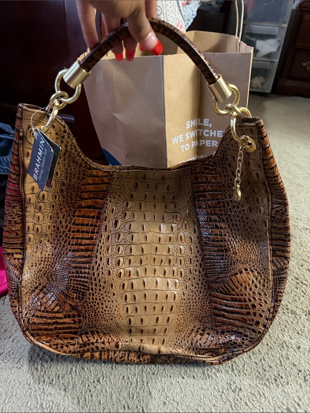 Brahmin Cognac Croc-Embossed Shoulder Hobo with Gold Hardware